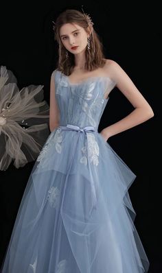 Prom Dress Strapless, Prom Dress With Lace, A Line Prom Dress, Blue Evening Dresses, Blue Tulle, Blue Party, Prom Dresses Blue, Evening Party Dress, Tulle Lace