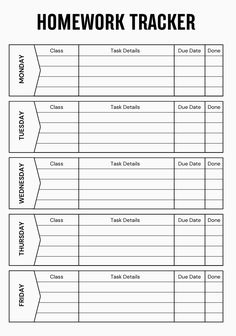 the homework tracker worksheet is shown in black and white, with text that reads homework