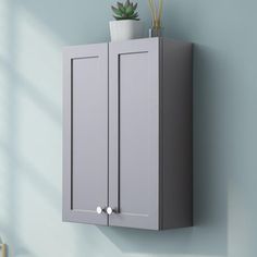 a gray cabinet mounted to the side of a wall next to a potted plant