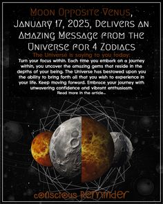 an advertisement for the upcoming event with three planets in space, and text that reads moon opposite