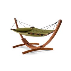 a hammock that is sitting on a wooden stand with a pillow in it