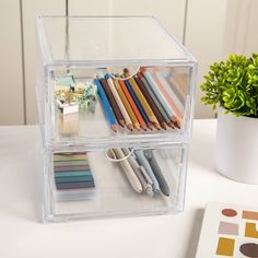 a clear plastic container with colored pencils and markers in it next to a potted plant