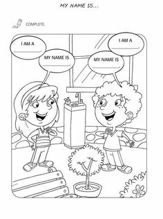 a coloring page with two children talking to each other and the words,'my name is