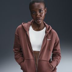 Grounded in style, comfort and versatility, meet our take on luxury loungewear. This zip-up hoodie helps you stay cozy all day long, thanks to midweight fleece that feels soft yet structured. Plus, exaggerated details (like the oversized pocket and taller ribbing) give you a trend-right look. Comfy Hooded Activewear For Loungewear, Comfy Hooded Loungewear Activewear, Fall Athleisure Hoodie For Loungewear, Cozy Gym Hoodie With Drawstring Hood, Cozy Hoodie With Drawstring Hood For Gym, Cozy Workout Hoodie, Cozy Activewear With Drawstring Hood For Fall, Nike Athleisure Activewear With Drawstring Hood, Adjustable Hood Athleisure Sweats For Loungewear