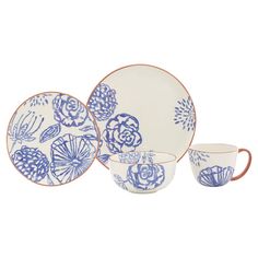 blue and white dinnerware set with flowers on the side, including two cups and saucers