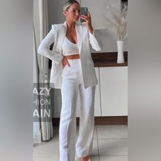 Zara 100% Quality Linen Fill Pants Suit Elegant Linen Pantsuit For Formal Occasions, Elegant Linen Pantsuit For Formal Events, Chic Tailored Linen Pantsuit, Elegant Tailored Linen Pantsuit, Elegant Fitted Linen Pantsuit, Elegant White Linen Pants, Elegant Summer Sets With High-waisted Pants, Elegant White Linen Sets, Chic White Linen Sets