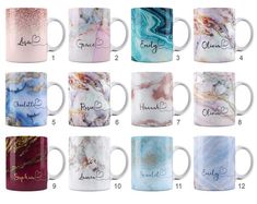 coffee mugs with the names of different types of coffee cups in each color and design