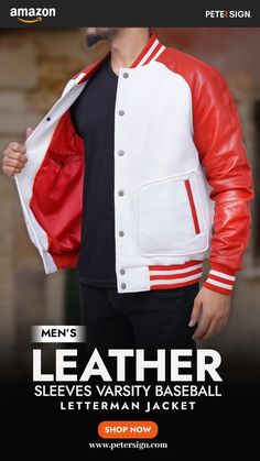 Men’s Varsity Letterman Jacket White Outerwear With Contrast Color For College, White Varsity Jacket With Contrast Color For Fall, White Sport Coat With Button Closure For Fall, Fitted Wool Varsity Jacket For Winter, Tailored Wool Varsity Jacket For Fall, Red Varsity Jacket For Winter, Wool Outerwear With Baseball Collar For Winter, Winter Outerwear With Baseball Collar And Contrast Color, Red Outerwear With Contrast Color For Fall