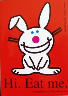 a red book with an image of a white rabbit on it's face and the words hi, eat me