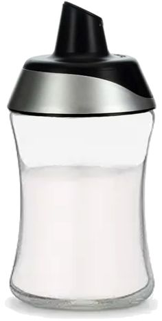 a glass cup with a black lid and silver trim on the top is sitting in front of a white background