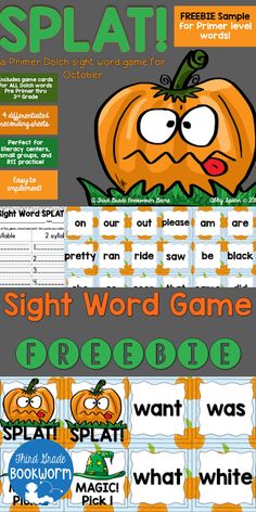 the sight word game for pumpkins is shown in two different colors and font options