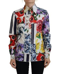 Dolce & Gabbana Floral Cotton Collared Blouse Top1 Designer Multicolor Long Sleeve Top, Designer Multicolor Printed Tops, Designer Multicolor Floral Print Blouse, Designer Multicolor Print Tops For Spring, Designer Long Sleeve Printed Blouse, Designer White Blouse With Floral Print, Designer Fitted Multicolor Shirt, Designer Multicolor Print Shirt For Spring, Designer White Printed Blouse