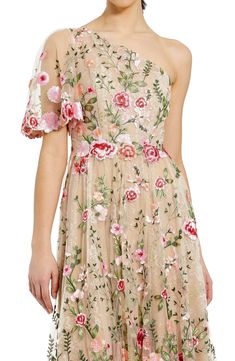 A blossom-tossed cocktail dress is designed to get glasses raised with a shoulder-showcasing silhouette and twirlable full skirt. 48 1/2" length Hidden back-zip closure One-shoulder neck Single short sleeve Lined 100% polyester Spot clean Imported Asian Owned/Founded Dress Satin Bridesmaid, Bridesmaid Dresses Satin, Floral Prom Dresses, Floral Bridesmaid Dresses, Velvet Bridesmaid Dresses, One Shoulder Cocktail Dress, Sequin Bridesmaid Dresses, Embroidered Lace Dress, Tulle Bridesmaid Dress