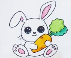 a drawing of a bunny holding a carrot and broccoli