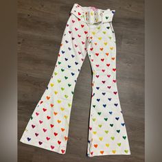 Brand New Without Tags These Pants Have A Twill Construction, A Removable Belt, A Button And Zip Closure, Flared Legs, And All Over Multicolored Heart Print. Jim Morrison, Stevie Nicks, Care Bears, Classic Fashion, Pants Color, Dream Clothes, Classic Hollywood, Dolls Kill, Heart Print