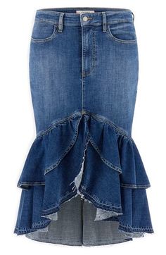 a women's denim skirt with ruffles on the bottom and side,