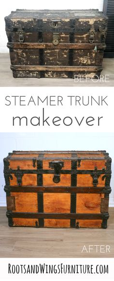 an old trunk is transformed into a decorative piece of furniture with some paint and wood