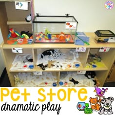 the pet store is filled with toys and books for kids to play with in it