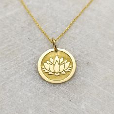 "14k Lotus Pendant, Gold Lotus Flower, Yoga Necklace, Lotus Charm, Gold Coin Necklace, Lotus Jewellery, Dainty Gold Necklace, ▪️ A beautiful and clean engraved Lotus Flower pendant made out of 14K Solid Real Gold. Available only in yellow gold! Pendant Thickness: 0.50mm Jump Ring inner diameter: 4mm Dimensions - Small - 16x16mm / 0.62 x 0.62 inches Medium - 18x18mm / 0.70 x 0.70 inches Big - 20x20mm / 0.78 x 0.78 inches Necklace Length - You can choose your chain length from 35CM to 50CM. The pe Fine Jewelry Yellow Gold Birth Flower Jewelry, Gold Fine Jewelry With Birth Flower, Gold Birth Flower Fine Jewelry, Gold Engraved Flower-shaped Jewelry, Spiritual Yellow Gold Jewelry With Birth Flower, Spiritual Yellow Gold Birth Flower Jewelry, Spiritual 14k Gold Flower Pendant Jewelry, 14k Gold Spiritual Flower Pendant Jewelry, Spiritual Yellow Gold Flower Pendant Jewelry