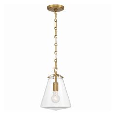 a light fixture with a glass shade hanging from it's end and gold chain