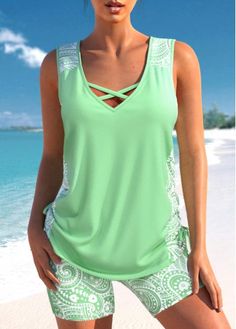 Color:Light Green;Size:S;Size:M;Bra Style:Padded;Support:Wire Free;Pad Style:Removable;Strap Style:Unadjustable;Package Contents:1 X Top , 1 X Shorts;Occasion:Sport;Style:Tribal; Beach Season Stretch Tankini With Bra-friendly Design, Cheap Tankini With Built-in Bra For Beach Season, Green Sleeveless Tankini With Built-in Bra, Green Beach Tankini With Built-in Bra, Beachwear Tankini With Built-in Bra And 4-way Stretch, Boho Plus Size, Swimsuit With Shorts, Printed Tankini, Swim Suit