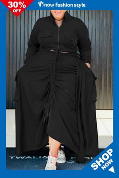 Casual Zipper Collar Long Sleeve Ruched Crop Tops And Maxi Skirt Vacation Plus Size Two Pieces Dress Sets Elegant Evening Jumpsuits, Vacation Plus Size, Crop Top And Maxi Skirt, Two Pieces Dress, Ruffled Crop Top, Ruched Crop Top, Flowy Maxi Skirts, Evening Jumpsuit, Dress Sets