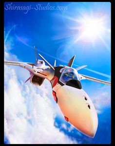 an artist's rendering of a jet flying in the sky with clouds and sun behind it