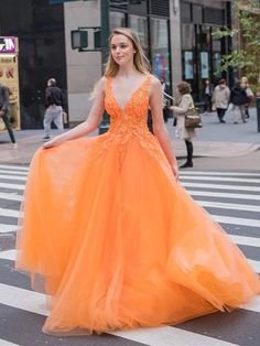 Formal Dresses Orange, Formal Dress Graduation, Orange Formal Dresses, 2021 Prom Dresses, V Neck Prom Dresses, Long Prom Dresses, A Line Prom Dresses, Lace Evening Dresses, Natural Fabric