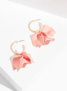 Fall for a floral statement with these gold-tone and peach earrings that feature a petal design. Post back. Man-made materials. Imported. The best plus size women's coral petal hoop earrings in coral. Torrid is your destination for the freshest spring and summer styles. Chic Pink Flower Earrings For Spring, Chic Pink Earrings For Spring, Feminine Petal-shaped Jewelry For Spring, Feminine Rose Gold Flower Earrings For Spring, Pink Hoop Earrings For Spring, Elegant Spring Flower Hoop Earrings, Feminine Rose Gold Earrings For Spring, Rose Gold Petal Earrings, Chic Small Pink Hoop Jewelry