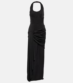 Draped Halterneck Satin Maxi Gown in Black - Rasario | Mytheresa Silk Halter Neck Evening Dress, Satin Finish Maxi Evening Dress, Satin Finish Evening Maxi Dress, Pre-draped Halter Neck Maxi Dress For Evening, Elegant Evening Halter Neck Pre-draped Maxi Dress, Evening Gown With Satin Finish And Maxi Length, Evening Gown With Satin Finish In Maxi Length, Formal Halter Dress With Ruched Bodice, Pre-draped Halter Evening Dress