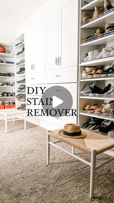 a walk in closet filled with lots of shoes and other items that are on shelves