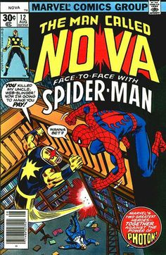 an old comic book cover with the spider - man being attacked by another person in front of