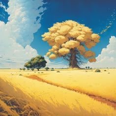 a painting of a tree in the middle of a field with blue sky and clouds