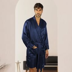 "I feel like royalty wearing this silk robe. It is thick, luxurious, lightweight and very soft and comfortable. Because it is made from real mulberry silk, I can use it all year round! Real silk is thermo-regulating, meaning it keeps the body temperature constant and comfortable. Right now in the summer I'm wearing it with my silk boxers when lounging around the house. I can see myself wearing it over my silk pajamas in the winter for added warmth and comfort." Tara's Notes My boyfriend didn't t Mens Silk Robe, Robes For Men, Women Silk Robe, Silk Bathrobe, Robe Silk, Silk Robes, Silk Kimono Robe, Silk Sleepwear, Silk Robe