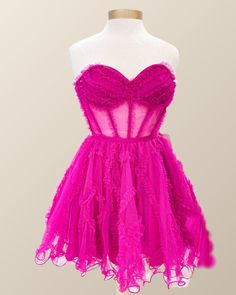 The Sweetheart Fuchsia Ruffles Corset A-line Dress features a dramatic A-line silhouette, a tulle material, a sweetheart neck, a corset bodice, and a mini length all in a striking fuchsia hue. Pink A-line Strapless Dress For Prom, Pink Mini Corset Dress With Boned Bodice, Pink Mini Length Corset Dress With Boned Bodice, Pink Corset Dress For Cocktail, Pink Mini Length Boned Bodice Corset Dress, Strapless Sweetheart Neckline Organza Dress, Pink Fitted Corset Dress For Cocktail, Fitted Strapless Organza Dress With Sweetheart Neckline, A-line Corset Dress With Ruffles For Wedding