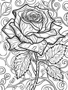 a drawing of a rose with swirls and leaves on the side, in black and white