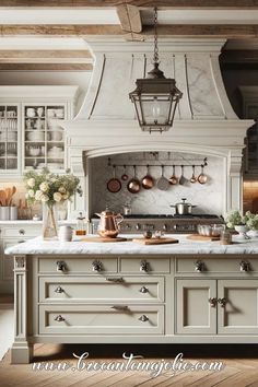 a kitchen with an oven, stove and counter top in the center is surrounded by white cabinets