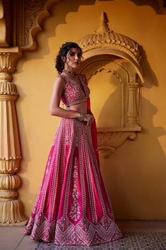 Pink raw silk flared skirt with intricate zardozi, kundan, glass beads and resham embroidery paired with deep v neckline raw silk embroidered blouse and organza dupatta with embroidered borders and zardozi and pearl buttis.From Chamee and Palak's The Romantics collection.DELIVERY TIMEPlease allow 8-12 weeks for your outfit to arrive.FABRIC DETAILSRaw Silk, OrganzaProfessional cleaning only. Resham Embroidery, Pink Lehenga, Organza Dupatta, Wedding Service, Flared Skirt, Bride Bridal, Indian Design, Wedding Looks, Embroidered Silk