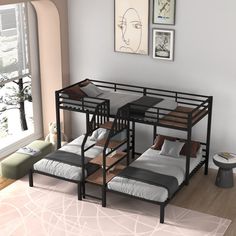 a bunk bed sitting in the middle of a living room next to a large window