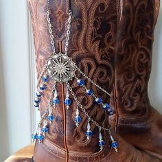 One Of A Kind Handmade Royal Blue Glass Bead Boot Jewelry Boot Bracelet Boot Chain This Exact Piece Was Awarded A Blue Ribbon From The State Fair Of Texas In 2023! Very Simple Design The Top Chains Secure Behind The Pull With A Lobster Clasp! Jewelry Won't Move Around Or Accidentally Be Stepped On, I Designed These To Be Worn Even While Dancing! This Is A Very Unique Piece Of Boot Jewelry! The Focal Point Of This Bootlery Is An Incredibly Ornate, Tibetan Style Earring Component, Boasting 2 Chain Boot Bling Jewelry, Western Boot Jewelry, Western Accessories Women, Blue Beaded Bracelets With Silver Beads For Festivals, Blue Nickel-free Beaded Bracelets For Festivals, Blue Beaded Jewelry, Western Jewerly, State Fair Of Texas, Boot Charms