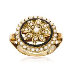 Ross-Simons - C. 1920 Vintage 2.5-3mm Cultured Pearl, Black Enamel Flower Ring, Seed Pearls in 15kt Yellow Gold. Size 8.5. C. 1920. Hailing from the Art Deco era, this one-of-a-kind ring joins our esteemed Estate collection. Luminous seed pearls decorate the petals of the open-space floral design, while 2.5-3mm cultured pearls adorn the center and entire perimeter. Accentuated by black enamel. Crafted in 15kt yellow gold. 3/4" wide. Enamel and white pearl ring. Exclusive, one-of-a-kind Estate Jewelry. Pearl birthstones are the perfect gift for June birthdays. Jewelry Presentation, White Pearl Ring, Pearl Birthstone, Sabyasachi Jewellery, Antique Jewelry Rings, Gold C, Pearl Types, Enamel Flower, Art Deco Era