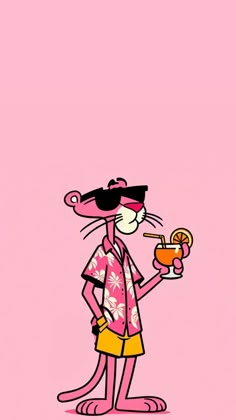 a cartoon rat holding a drink and wearing sunglasses on it's head, standing in front of a pink background