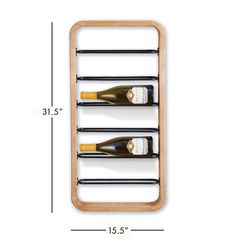 a wooden wine rack with three bottles on it and measurements for the top one is shown