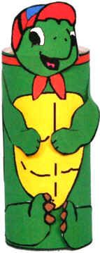 a green and yellow can with a smiling turtle on it's face, wearing a red hat