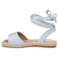 The Emelie by Journee Collection brings a whole new meaning to the word sandal. With a 4 mm Tru Comfort Foam™ insole and a ballerina-inspired tie at the ankle, we just want to dance! Whipstitch trim at the footbed and espadrille braids at the sole perfect this vegan suede design. At Journee Collection, our sandal styles are going to be perfect for any occasion. Whether that be a formal, business, or casual dress, these sandals will be a perfect match. Fashion Sandals Flat, Flat Sandals Wedding, Tie Up Sandals, Bridal Shoes Flats, Shoe Carnival, Famous Footwear, Espadrille Sandals, Blue Sandals, Flat Espadrilles