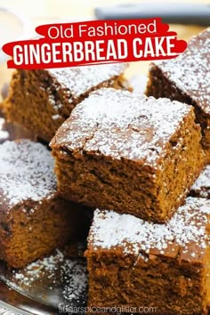 old fashioned gingerbread cake on a plate with powdered sugar and cinnamon in the middle