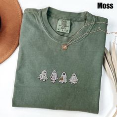 Embroidered Ghost Comfort Colors Shirt | Halloween Embroidered Shirt | Cute Ghost Shirt | Halloween Shirt | Cute Halloween | Halloween Gift Matching Sweatshirt: https://printworkshopcompany.etsy.com/listing/1543939913 ** VIP Email List Be sure to join our VIP Email list for new product releases, special promotions, and giveaways! https://email.everbee.io/subscribe?shopName=PrintWorkshopCompany ** HOW TO ORDER 1. Check our photos for sizing and color options. 2. Select your size and color from th Embroidered Crew Neck Shirt For Fall, Custom Embroidered Long Sleeve Top For Halloween, Fall Embroidered Crew Neck Shirt, Embroidered Cotton Tops For Halloween, Halloween Embroidered Long Sleeve Tops, Halloween Cotton Top With Embroidered Graphics, Custom Embroidery Short Sleeve T-shirt, Halloween Embroidered Cotton Tops, Halloween Cotton Embroidered Tops