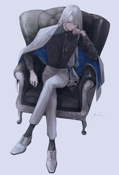 an anime character sitting in a chair with his hand on his chin and looking off to the side