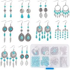 a set of earrings and earring sets with various designs on the front, including blue beads