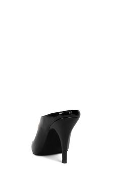 Heeled peep-toe mule with metal ornament Fits true to size Measurements taken from size 7 3.75" Heel, 0.25" Platform Synthetic Upper, Leather/ Synthetic Lining, Synthetic Sole Party Mules With 4-inch Heel And Almond Toe, Formal Almond Toe Mules With Contrasting Heel, Formal Mules With Contrasting Heel Counter And Almond Toe, Classic Mules With 4-inch Heel, Formal Open Toe Mules With 4-inch Heel, Almond Toe Mules With Deep Heel Cup For Party, Party Mules With Almond Toe And Deep Heel Cup, Classic Mules For Party With 4-inch Heel, High Heel Patent Leather Mules With Branded Heel Counter